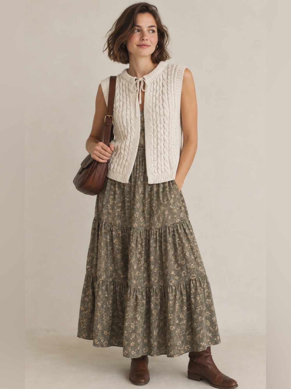 Joie Cream Cable Knit Open Front Tie-Neck Sweater Vest M